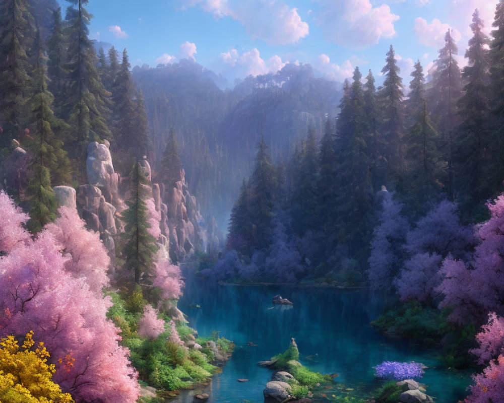 Tranquil landscape with pink blossoming trees, blue waters, cliffs, and misty forest