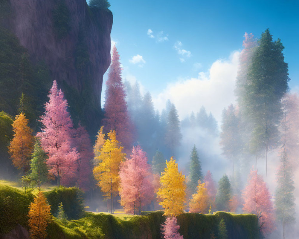 Mystical forest with autumn trees, cliff, and sunlight in foggy setting
