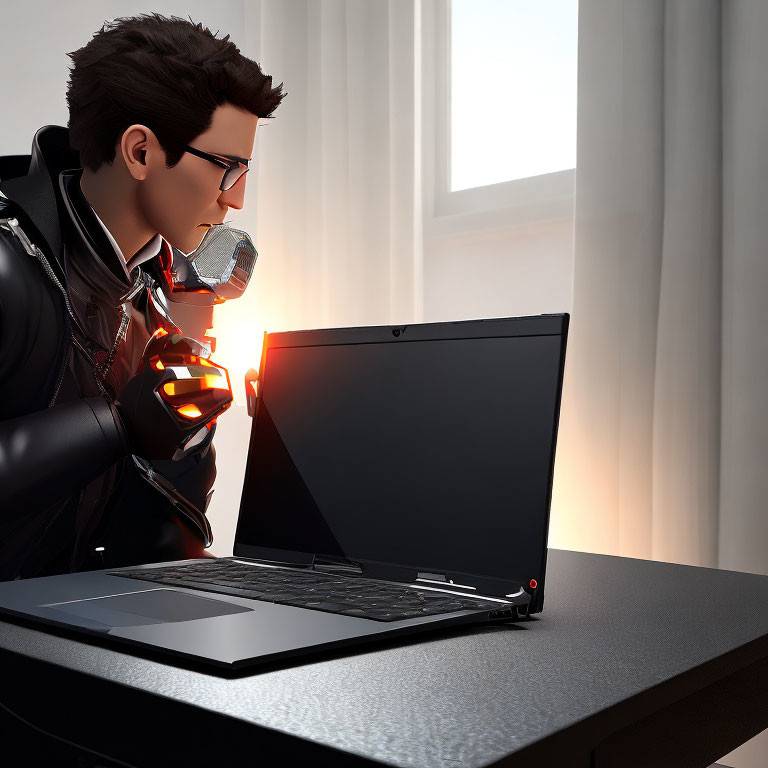 Stylized animated character with glasses and headset using laptop in softly lit room