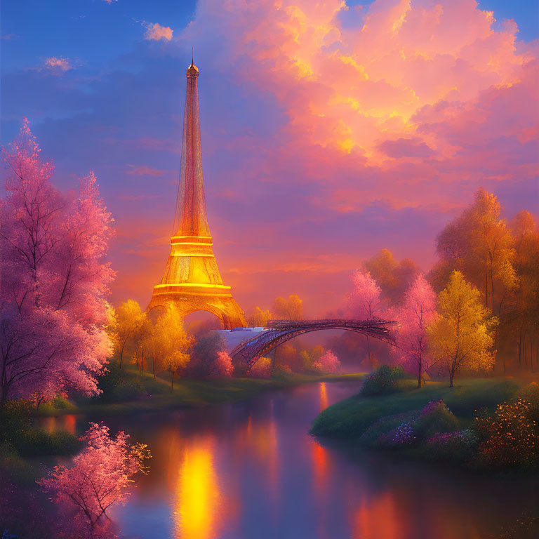 Vivid Eiffel Tower Twilight Scene with Cherry Blossoms