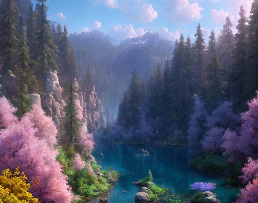 Tranquil landscape with pink blossoming trees, blue waters, cliffs, and misty forest