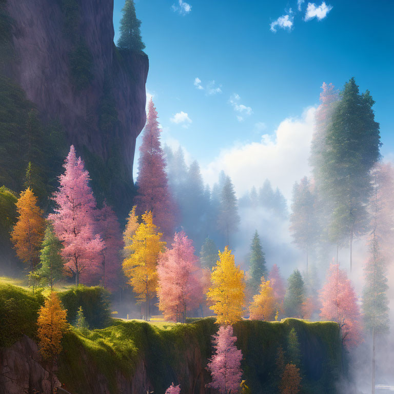 Mystical forest with autumn trees, cliff, and sunlight in foggy setting