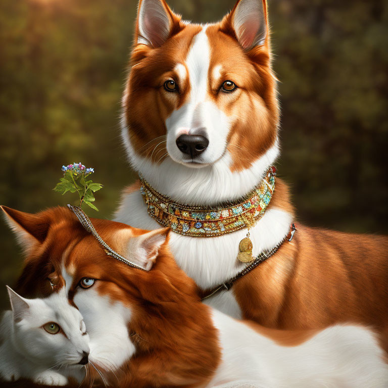 Brown and White Majestic Dog Portrait with Jeweled Collar and White Cat in Serene Setting