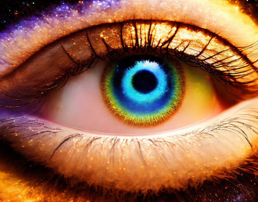 Close-up of vibrant blue and green human eye with starry cosmos reflection