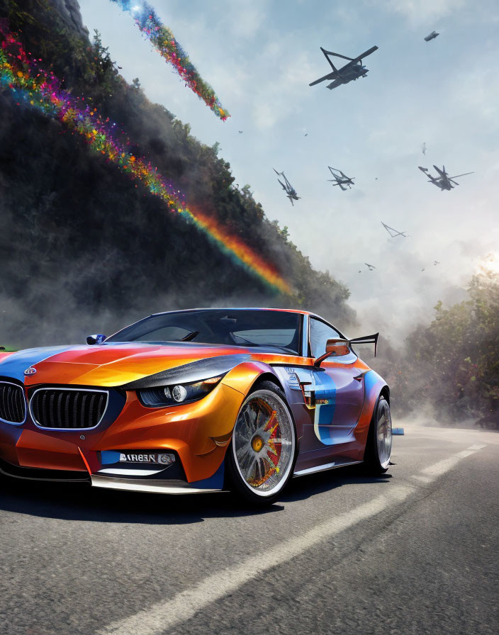 Vibrant sports car racing with jets and rainbow smoke trails