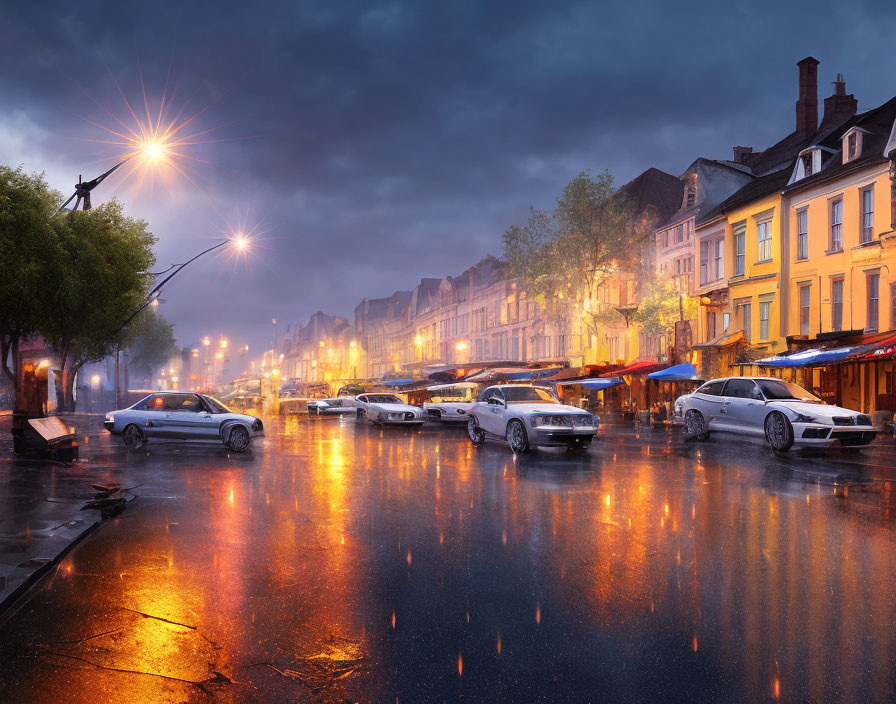 Twilight rain-soaked street with reflections, streetlamps, parked cars, and buildings