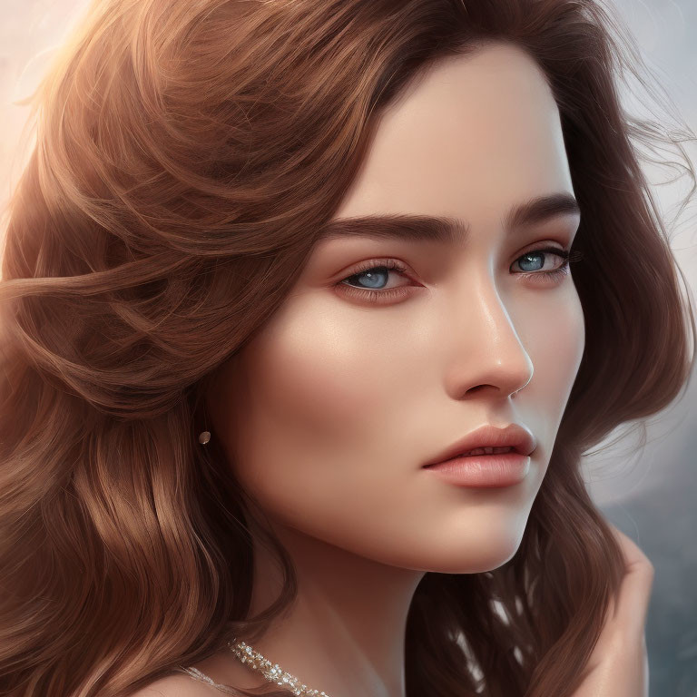Portrait of woman with wavy brown hair and blue eyes wearing earring and necklace