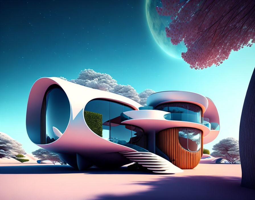 Futuristic house with curvy designs and large windows in surreal landscape