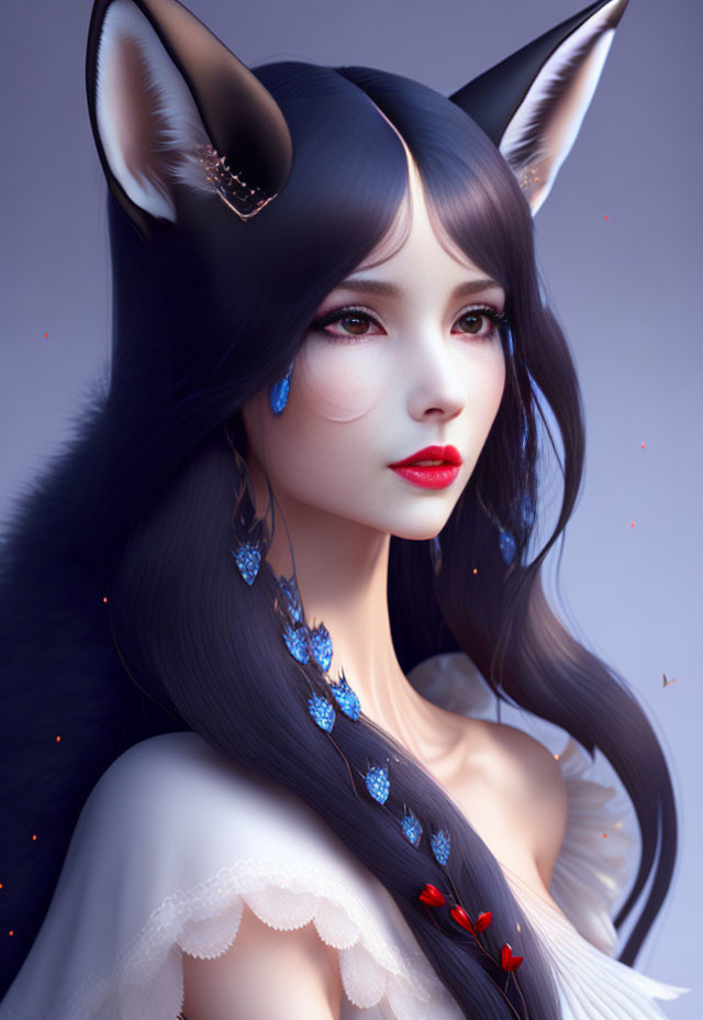 Woman with Fox Ears and Crystal Accessories in White Dress