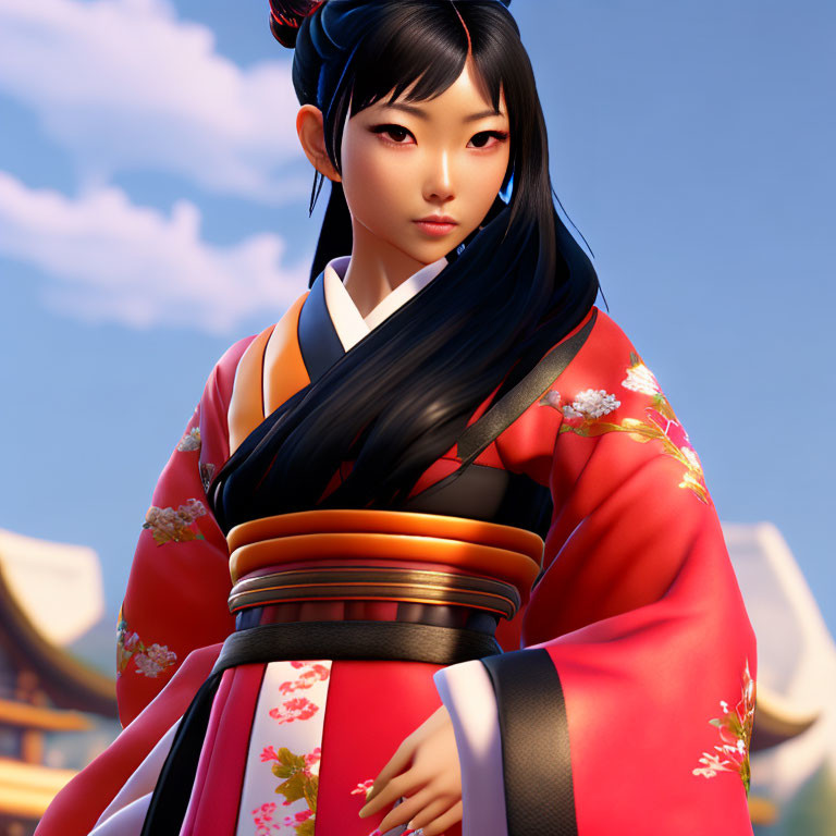 3D render of woman in red and orange kimono with black hair in East Asian setting