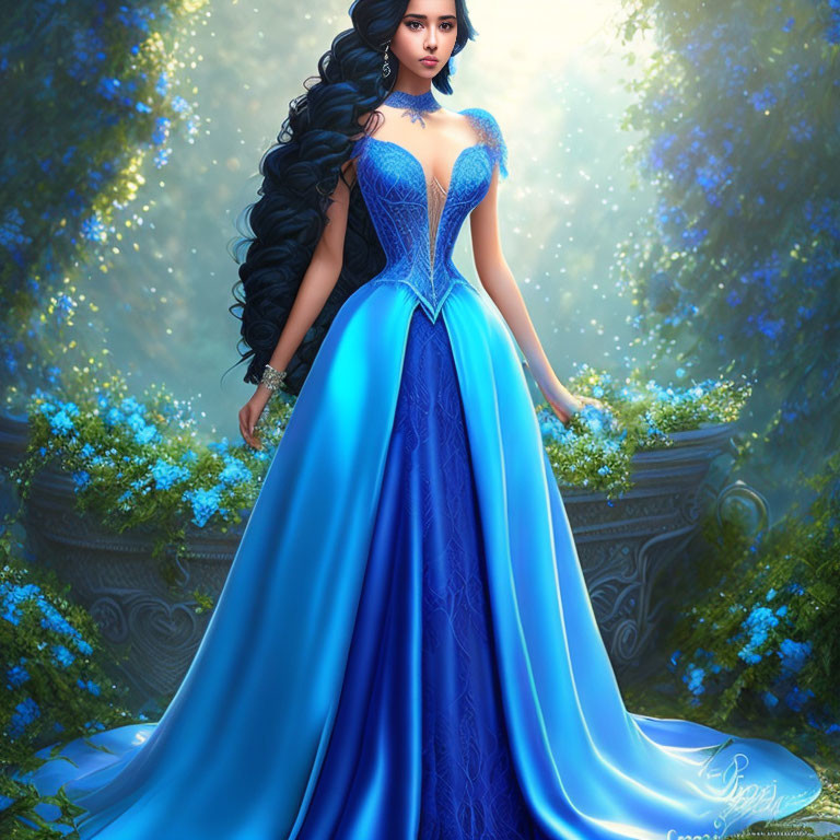 Woman with Long Dark Hair in Vibrant Blue Gown in Enchanted Forest