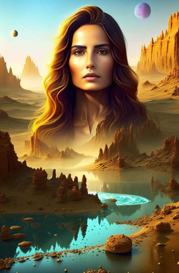 Portrait of a woman blending into surreal desert landscape