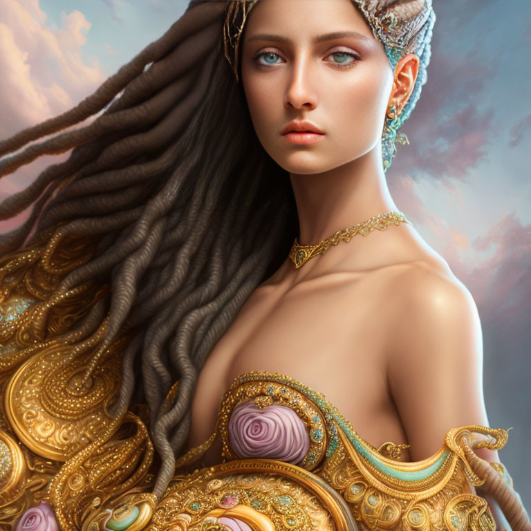 Ethereal female figure with blue eyes in ornate golden jewelry and roses on soft sky background