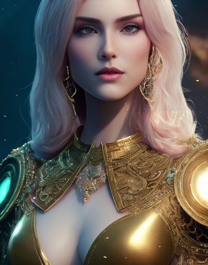 Portrait of woman with pinkish-white hair and blue eyes in golden armor under starry sky