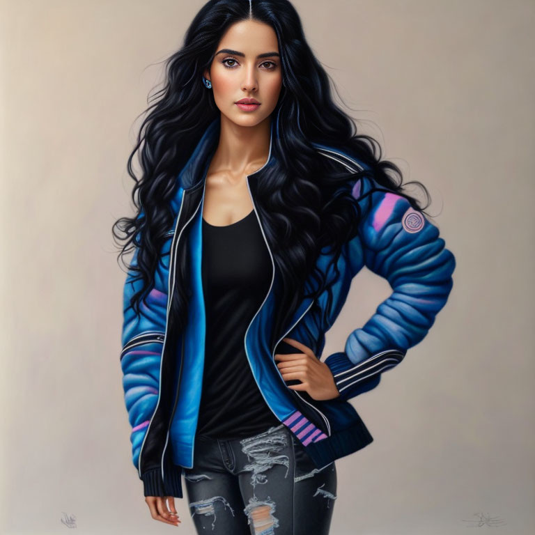 Stylized portrait of woman with long black hair in blue bomber jacket