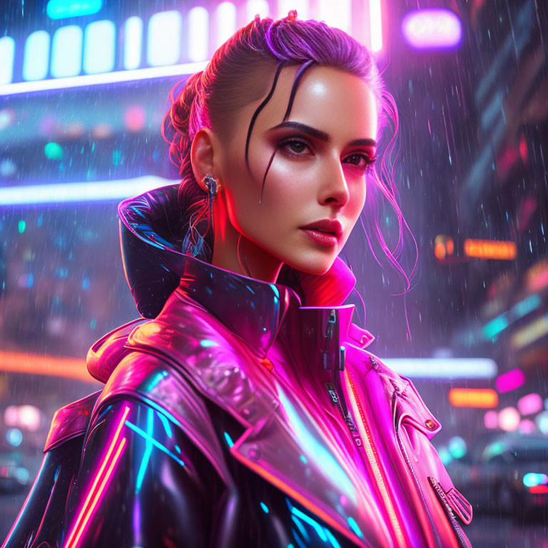Woman in slicked-back hair and makeup under neon city lights in rain with iridescent jacket