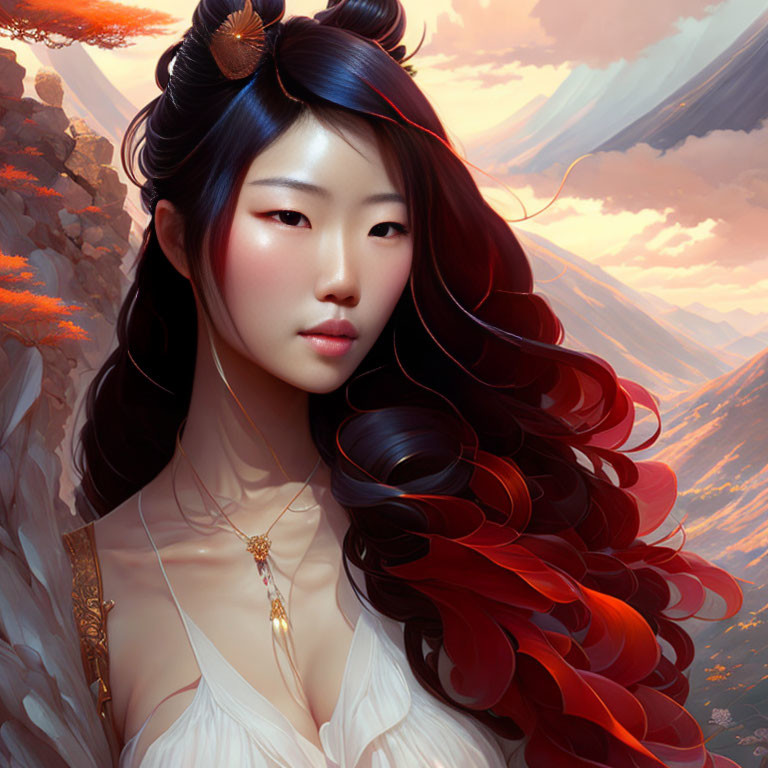 Digital Artwork: Woman with Dark Red Hair in White Dress, Autumn Mountain Background