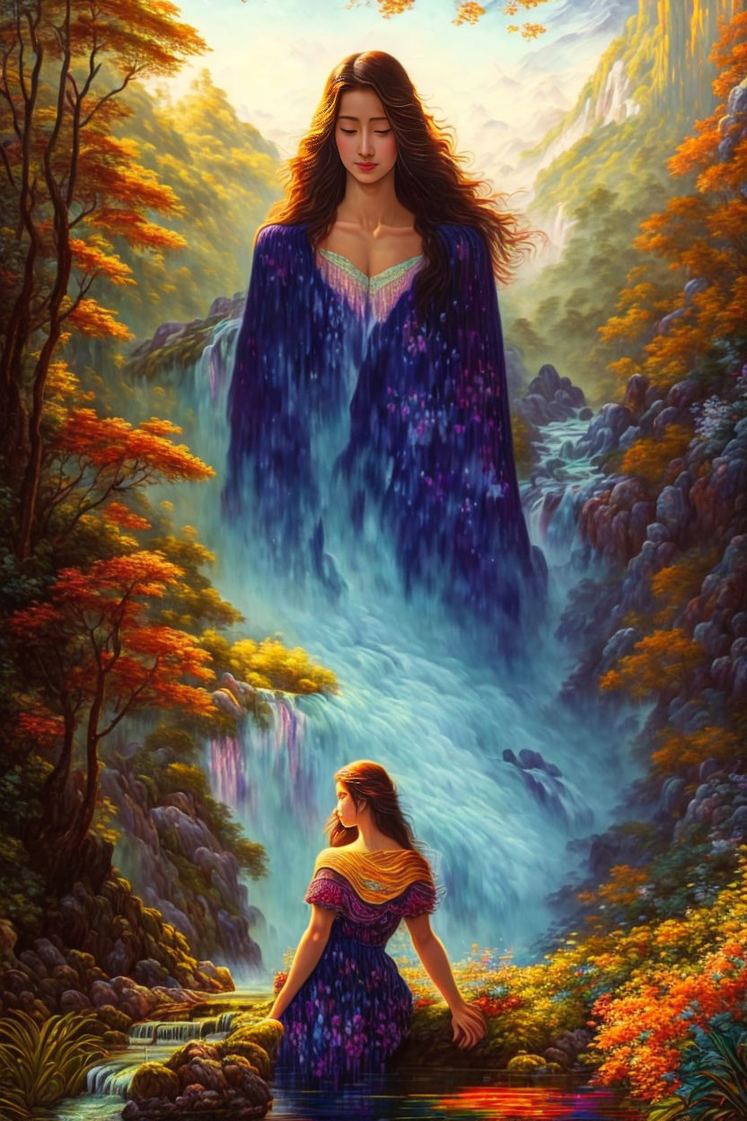 Long-haired woman in starry gown mirrored with autumnal forest and waterfalls