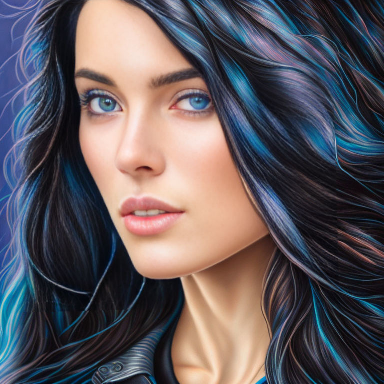 Detailed Close-Up Illustration: Woman with Striking Blue Eyes and Blue Streaks in Dark Hair