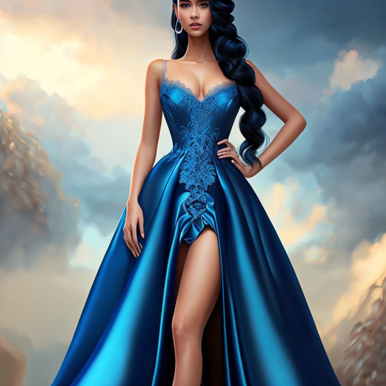 Illustrated Woman in Blue Gown with Lace Bodice and Thigh-High Slit