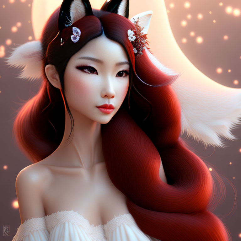Digital Artwork: Woman with Fox-like Ears and Red Hair in Mystical Setting