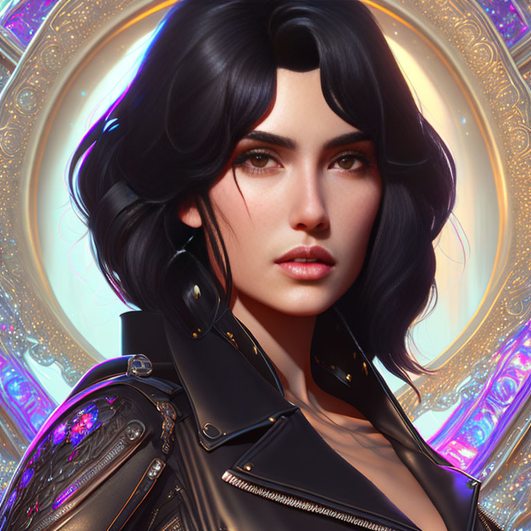Dark-haired woman in futuristic black jacket digital portrait.