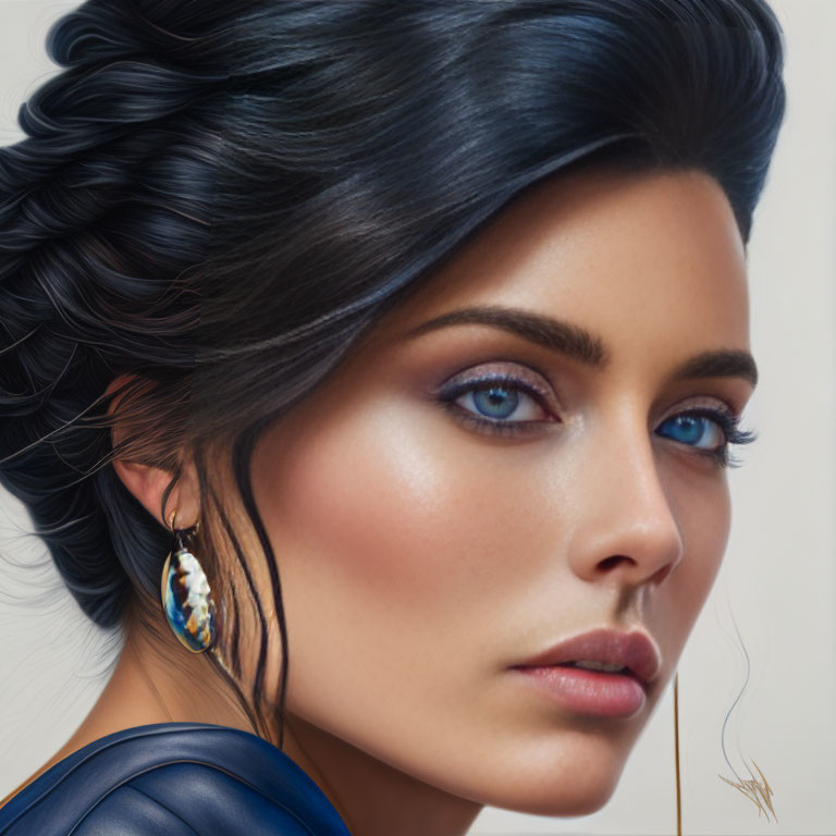 Woman with Braided Black Hair Updo and Striking Blue Eyes in Blue Top