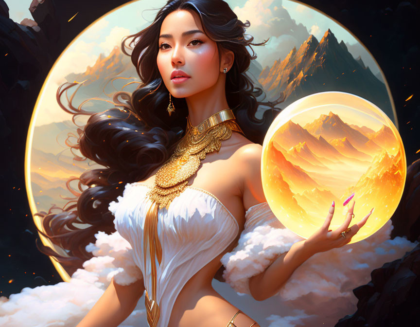 Fantastical painting of woman with flowing hair and orbs in mountainous setting