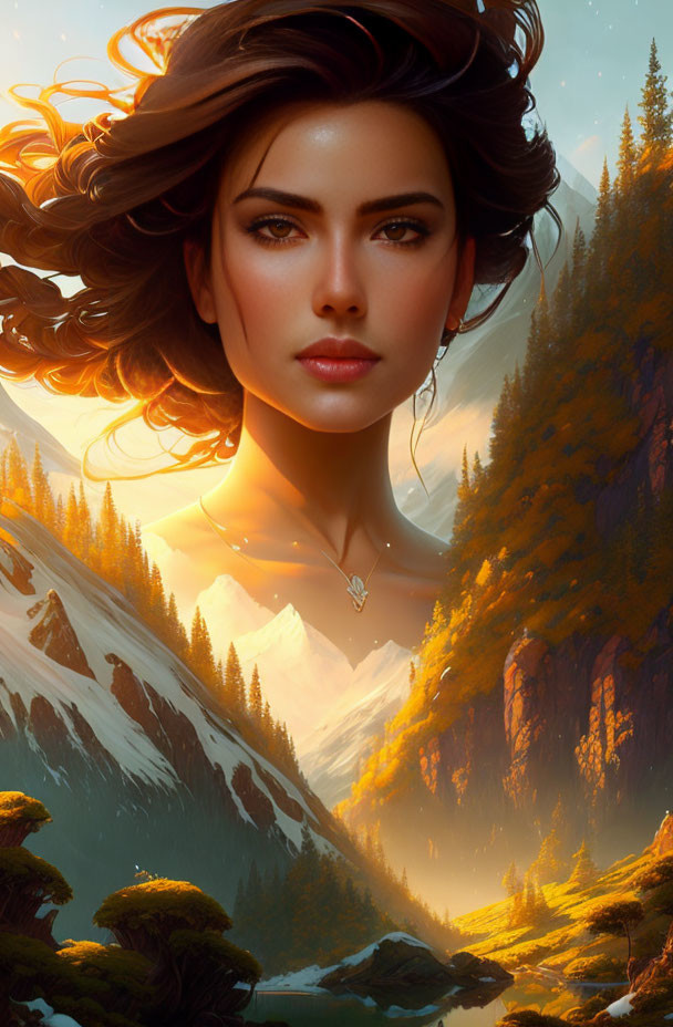 Digital art portrait blending woman's face with mountain forest landscape at sunset
