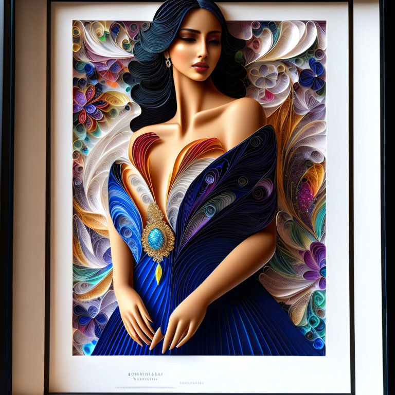 Stylized woman with dark hair in vibrant peacock-themed dress