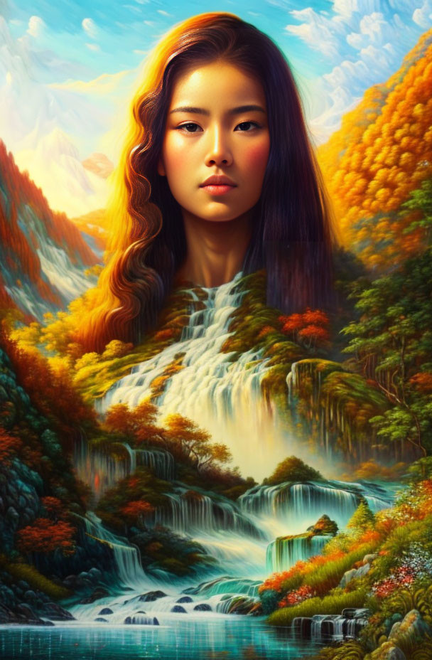 Portrait of a woman blending with vibrant autumn landscape and waterfall