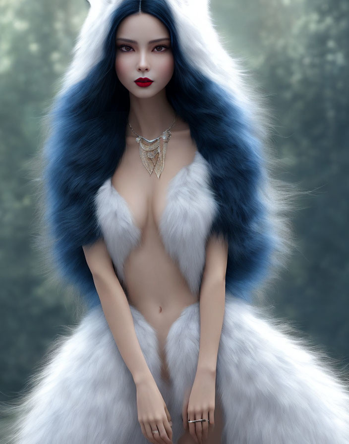 Blue-haired woman in white fur with gold necklace on forest backdrop