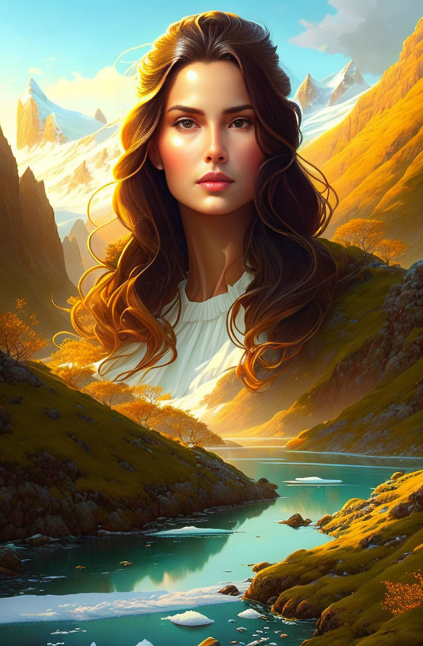 Digital artwork of woman with flowing hair in serene mountain landscape