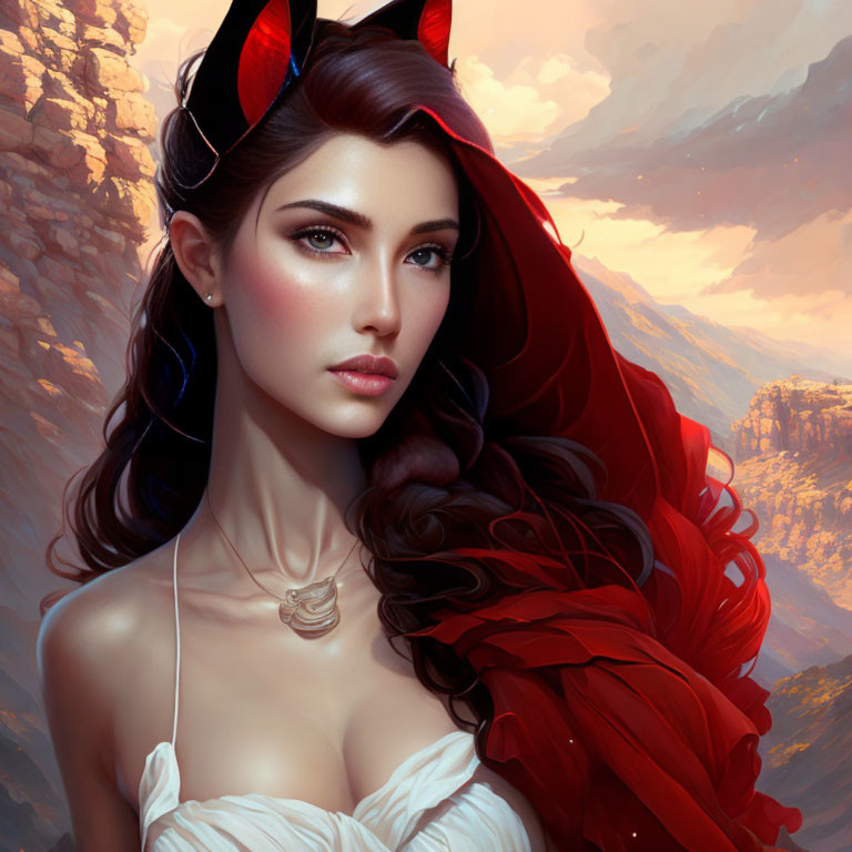 Fantasy-style artwork of woman with devil horns and red scarf against mountainous backdrop
