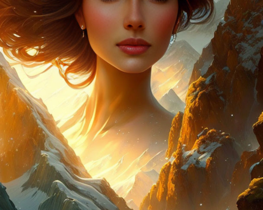 Digital artwork of woman with flowing hair against illuminated mountains & starry sky