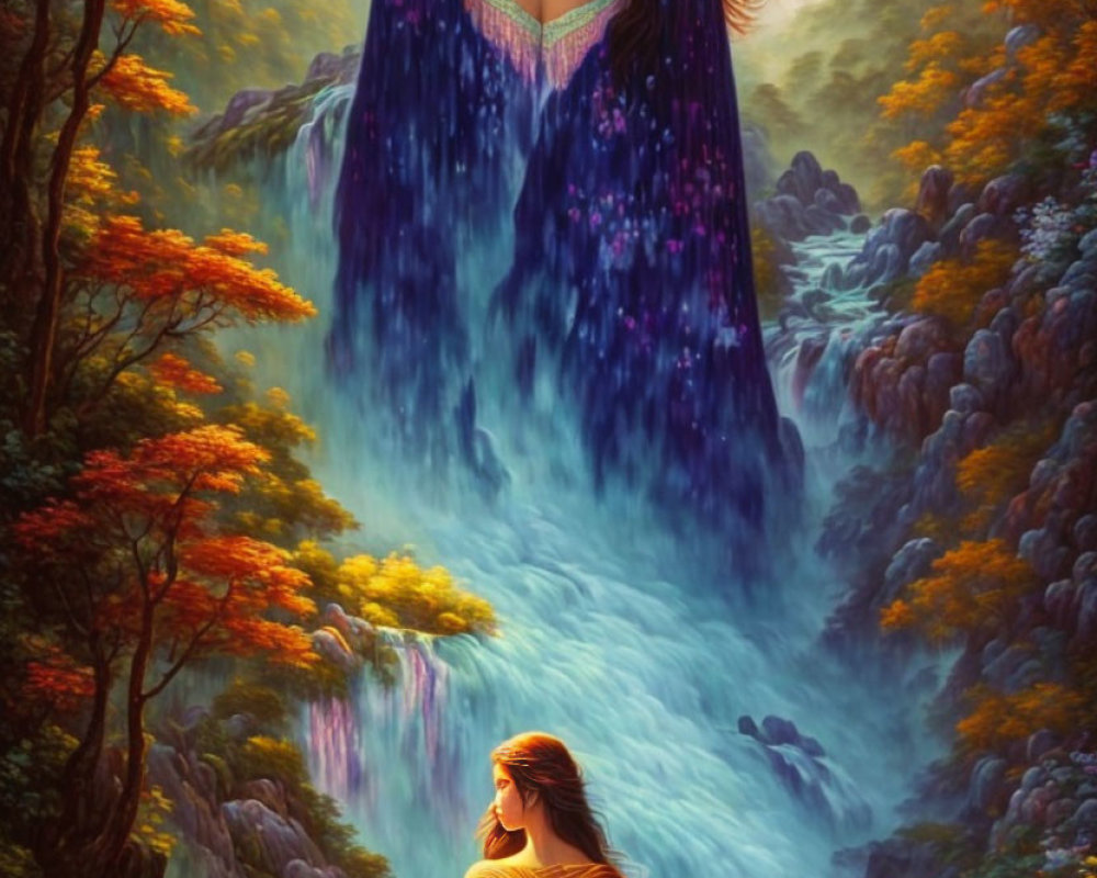 Long-haired woman in starry gown mirrored with autumnal forest and waterfalls