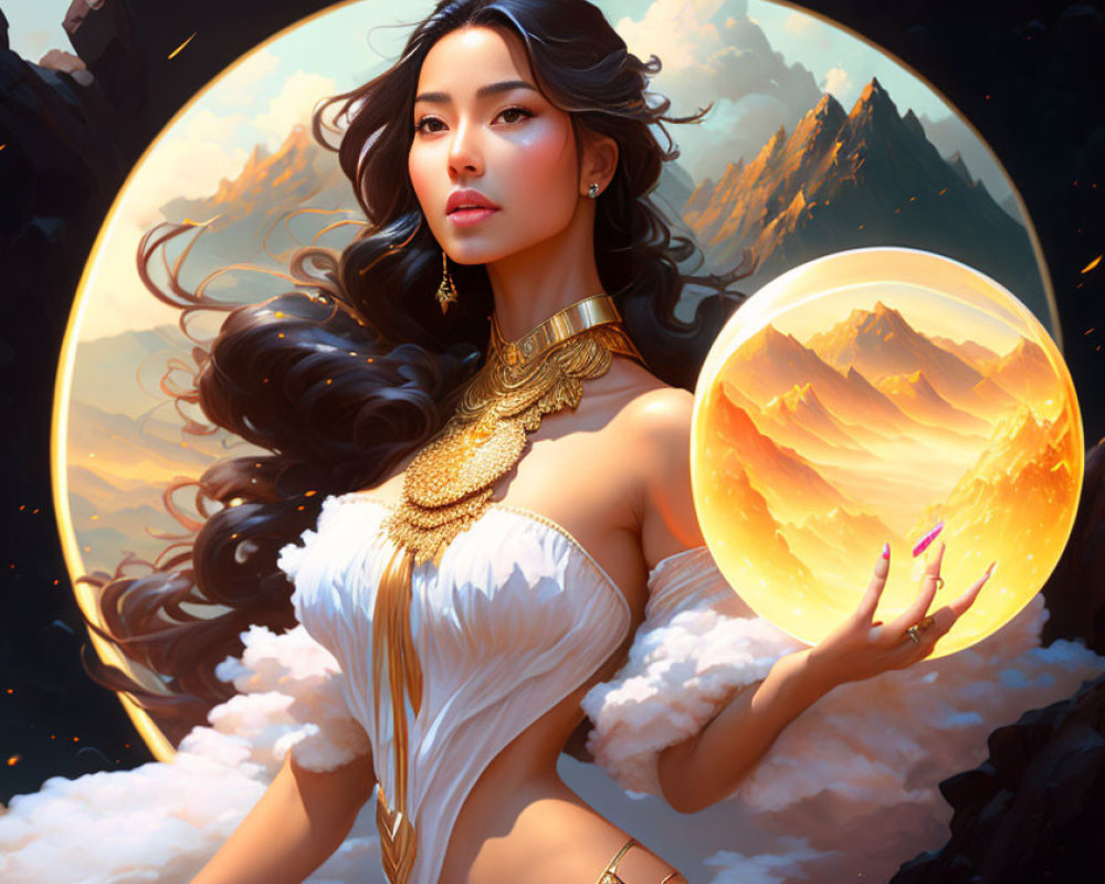 Fantastical painting of woman with flowing hair and orbs in mountainous setting
