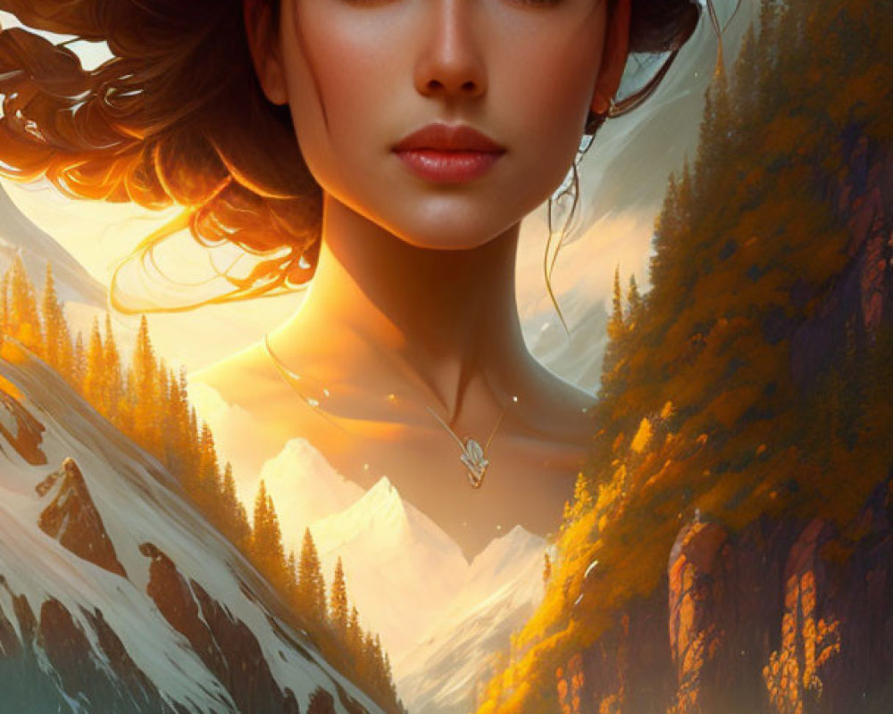 Digital art portrait blending woman's face with mountain forest landscape at sunset