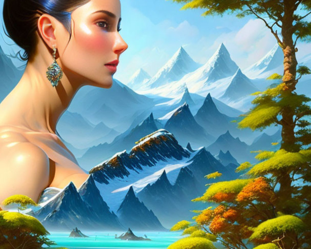 Tranquil digital painting of woman with elegant updo against alpine scenery