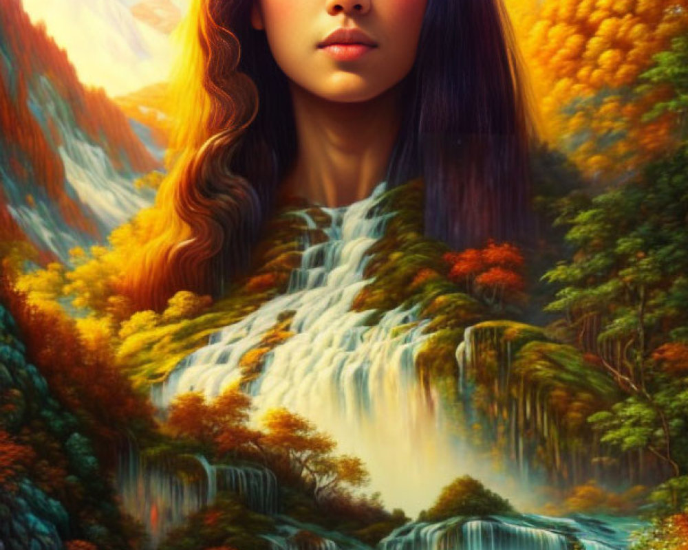 Portrait of a woman blending with vibrant autumn landscape and waterfall