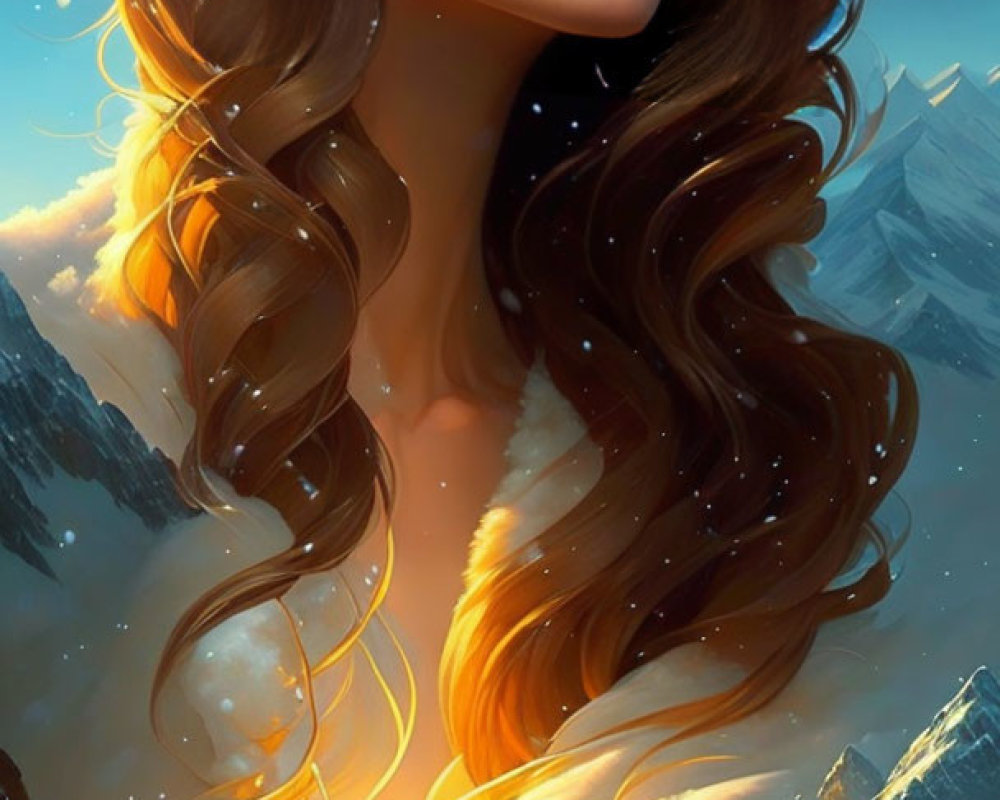 Digital artwork: Woman with flowing hair merges into sunset mountains