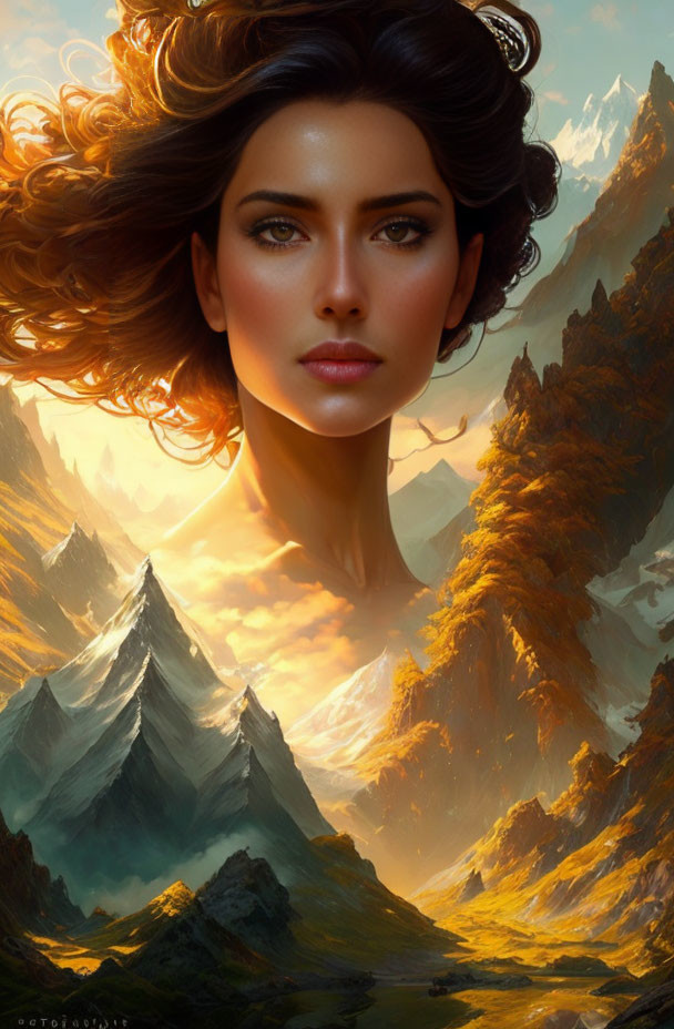 Digital artwork: Woman's portrait merges with surreal mountain landscape