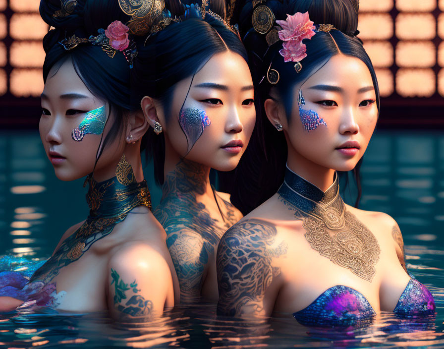 Three women with artistic makeup and elaborate tattoos in water with floral hairpieces.