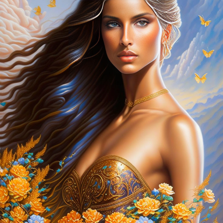 Detailed portrait of a woman with long hair, blue eyes, gold jewelry, orange flowers, and butterflies