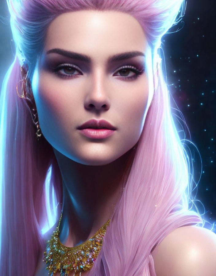Radiant female character with pink hair and glowing aura on starry backdrop