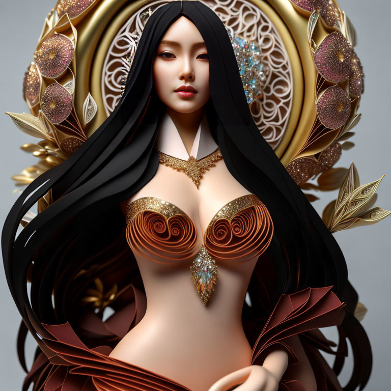 Fantasy digital art: Woman with black hair, golden ornaments, and halo in elegant attire