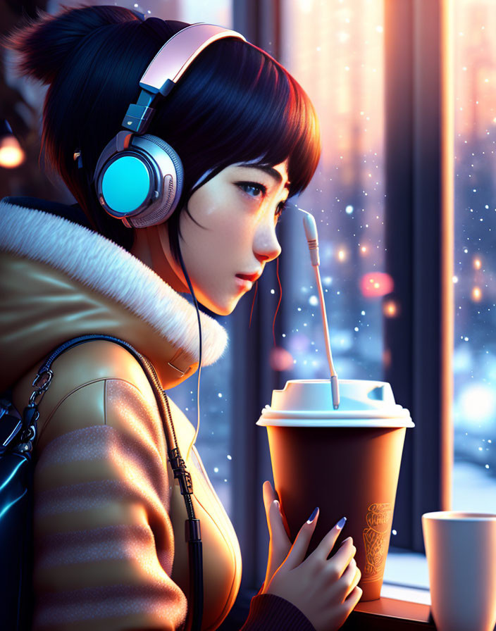Digital Artwork: Woman with Headphones Looking Out Window at Night with Coffee Cup