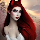 Fantasy-style artwork of woman with devil horns and red scarf against mountainous backdrop