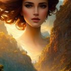 Digital artwork of woman with flowing hair against illuminated mountains & starry sky