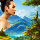 Tranquil digital painting of woman with elegant updo against alpine scenery